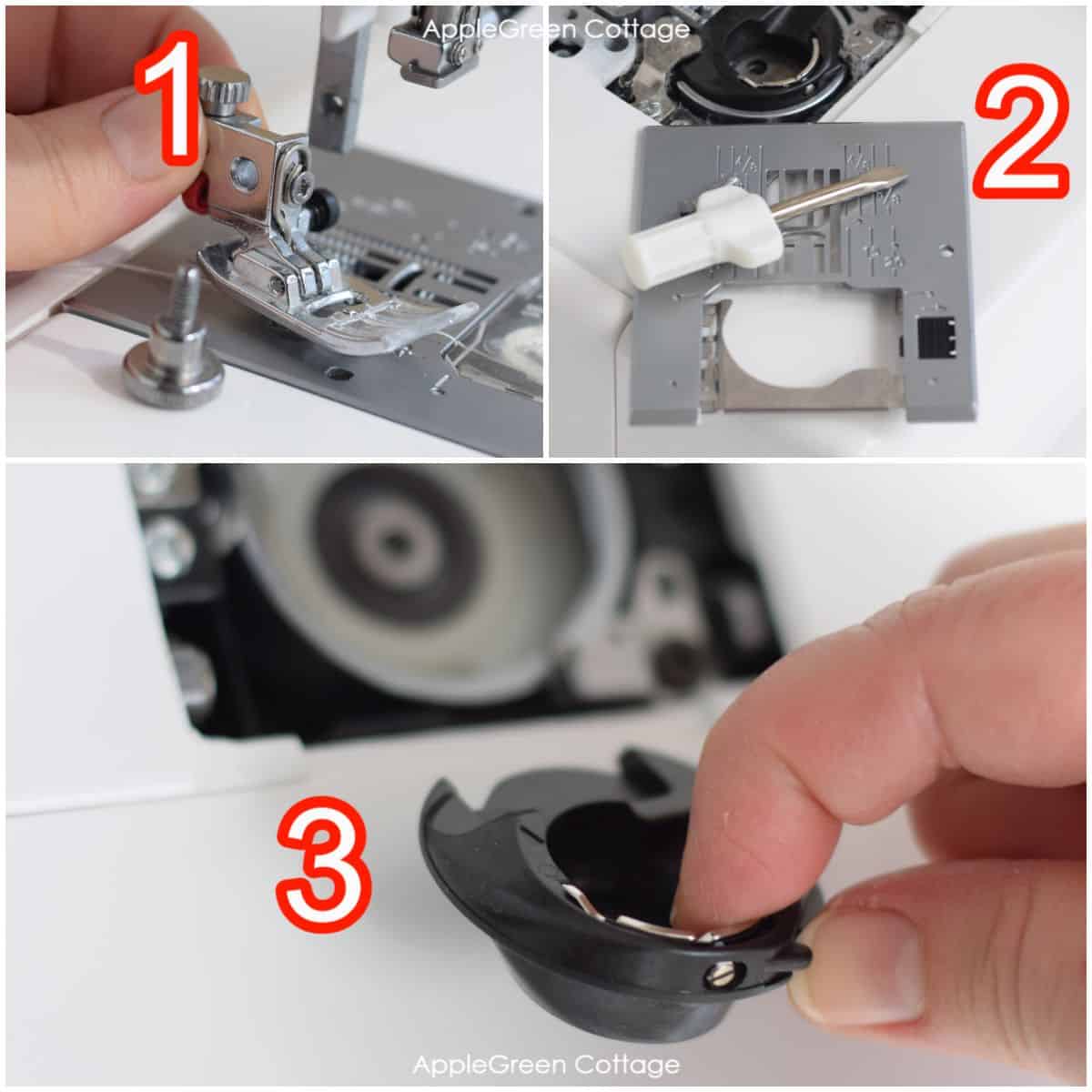 steps showing how to open the machine base plate and expose the bobbin area