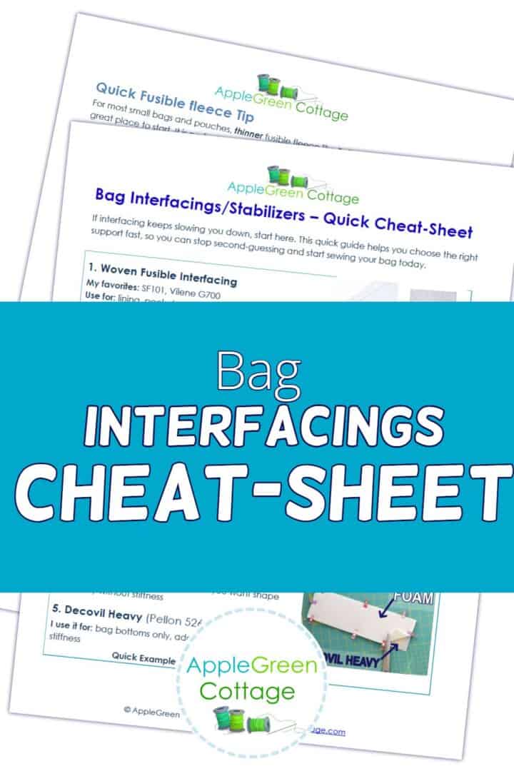 two pages of interfacing tips to use for bags. bagmaking interfacing and stabilizer cheat-sheet.
