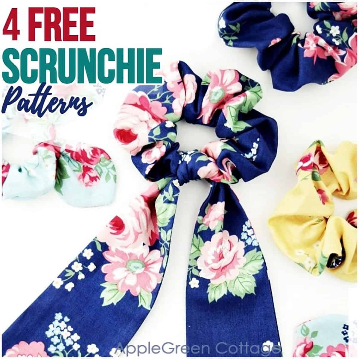 a finished fabric bow scrunchie with long tails, placed close to floral scrunchies with bunny ears.