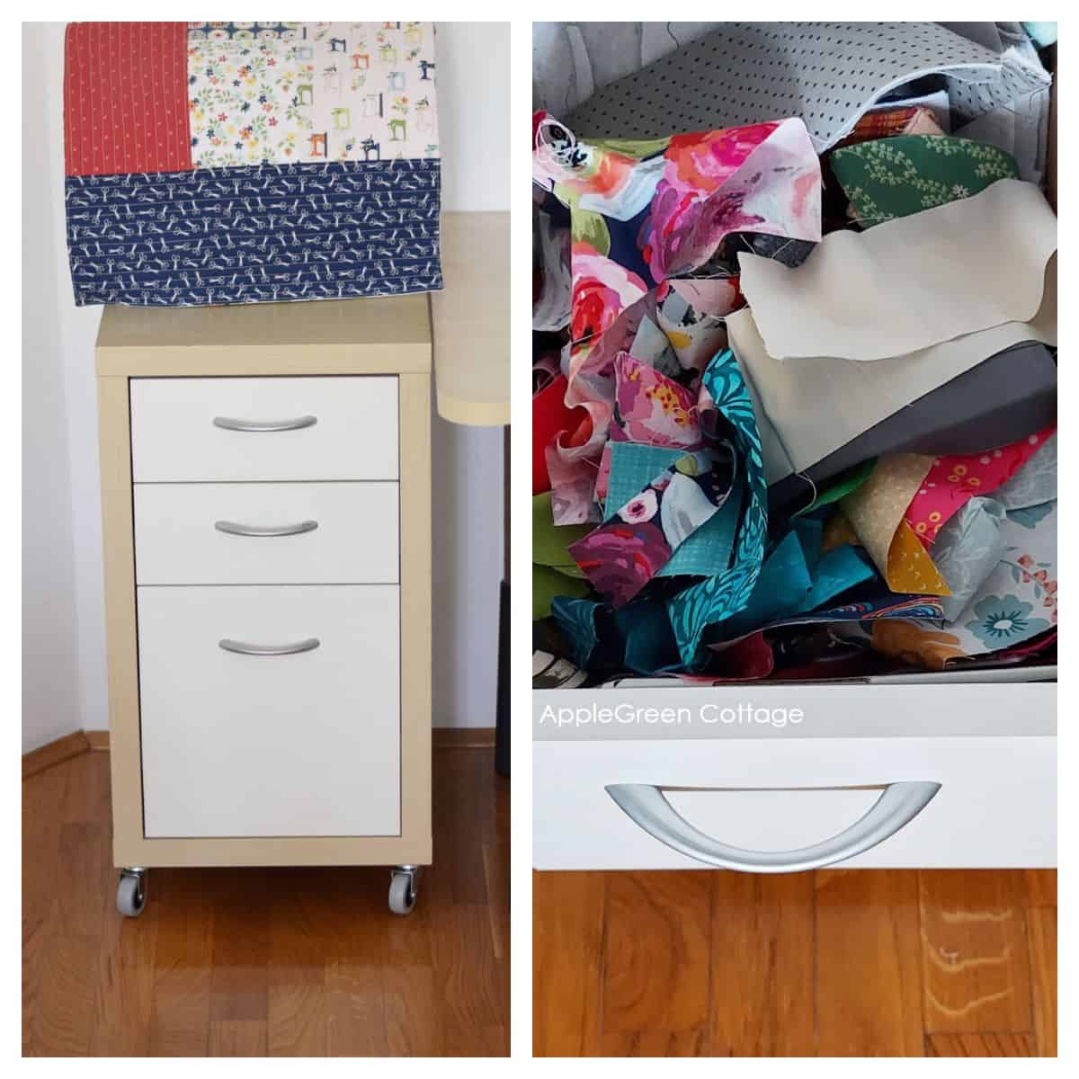 a small drawer unit on castors used for fabric scrap organization