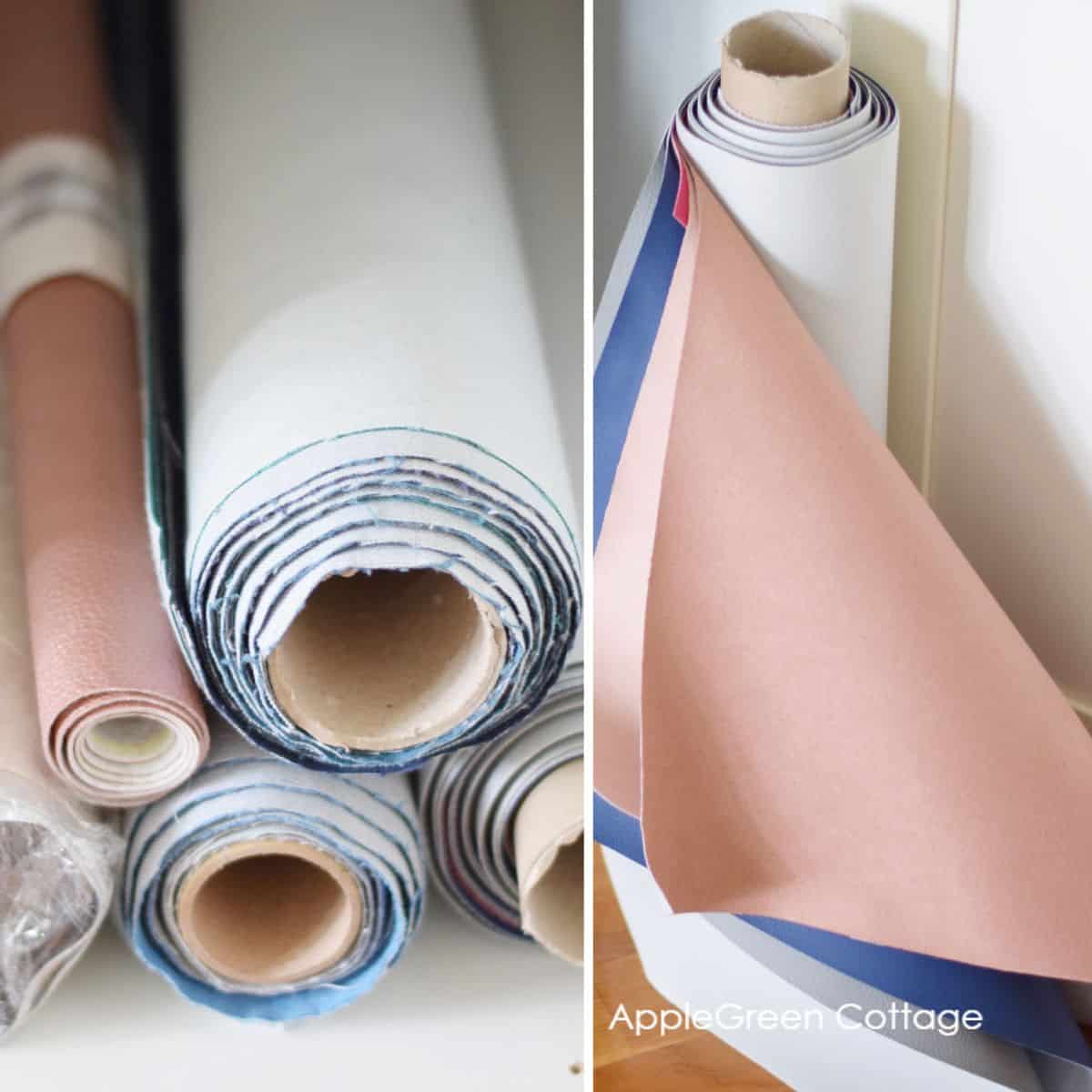 cardboard tubes with faux leather rolled around them as fabric storage