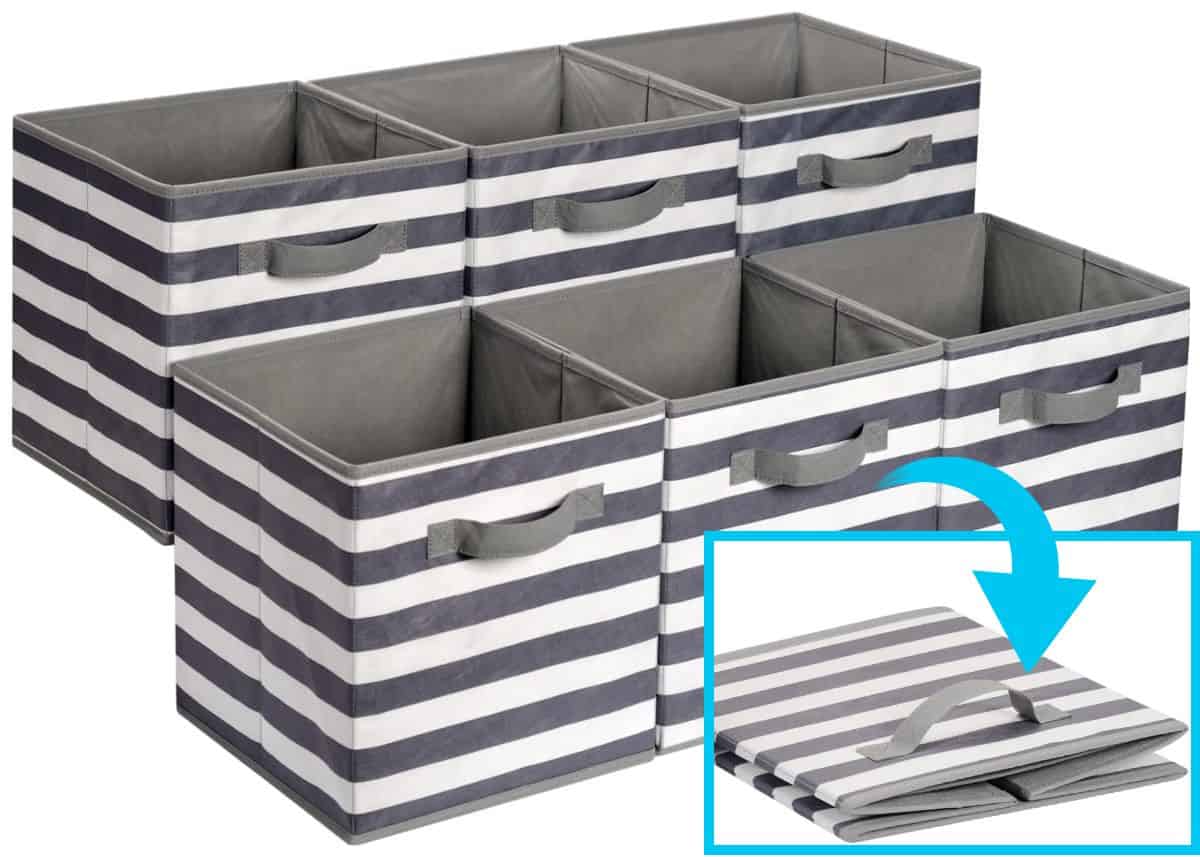 A set of six collapsible fabric storage cubes with handles in white and light grey.
