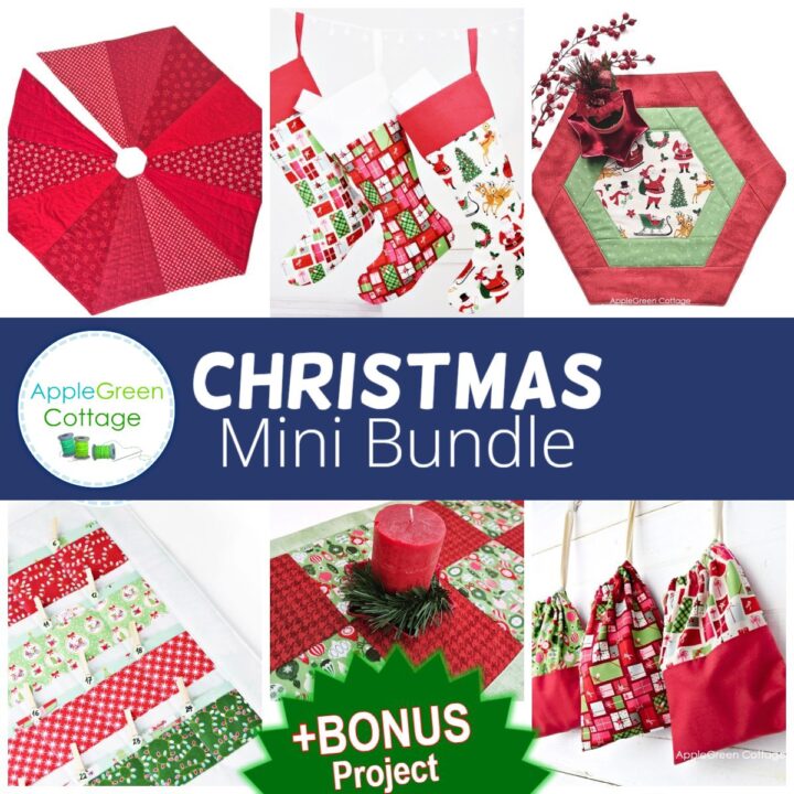 6 finished holiday patterns to sew at home for Christmas in red and green.