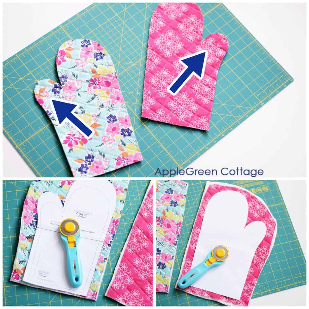 a rotary cutter on a piece of pink quilted fabric next to a cut piece to sew an oven glove