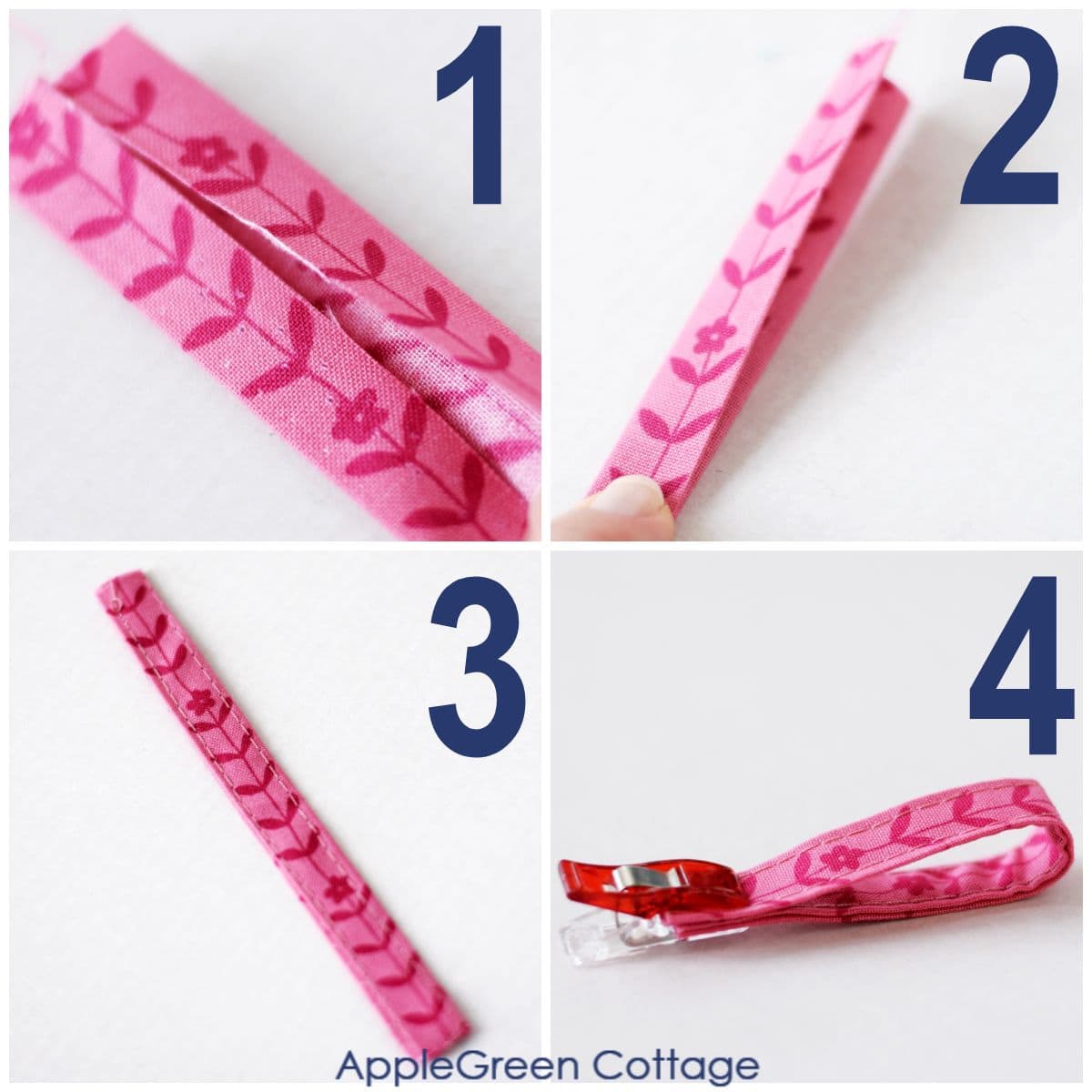 four images showing the making of a narrow hanging loop for oven mitts