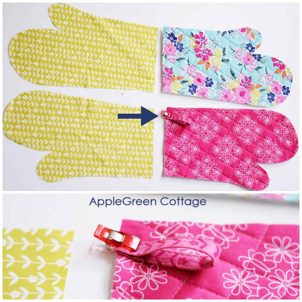 four fabric pieces in light green, pink and floral prints, with an arrow pointing to the spot where the tab should be sewn in