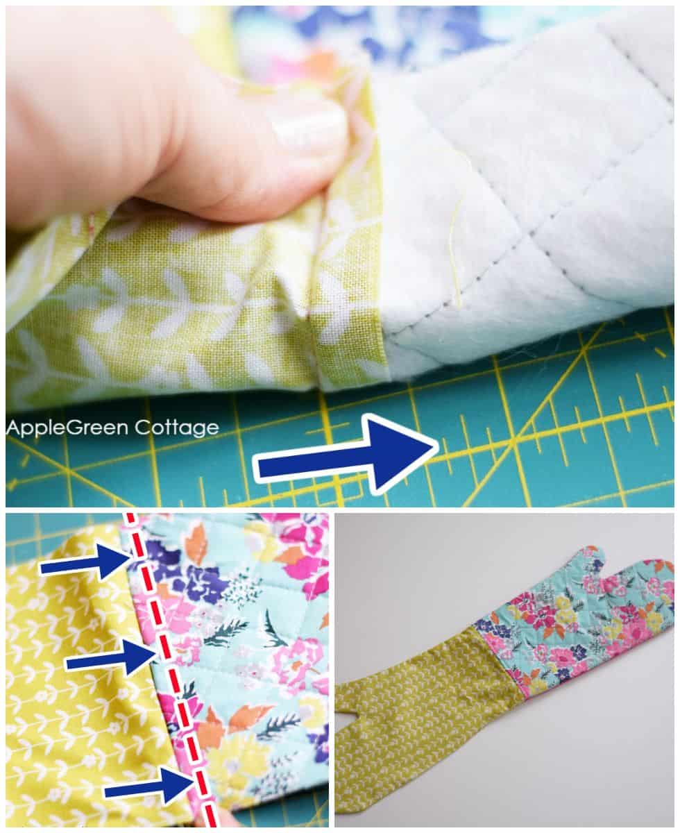 arrows pointing to the correct seam allowance edge on fabric