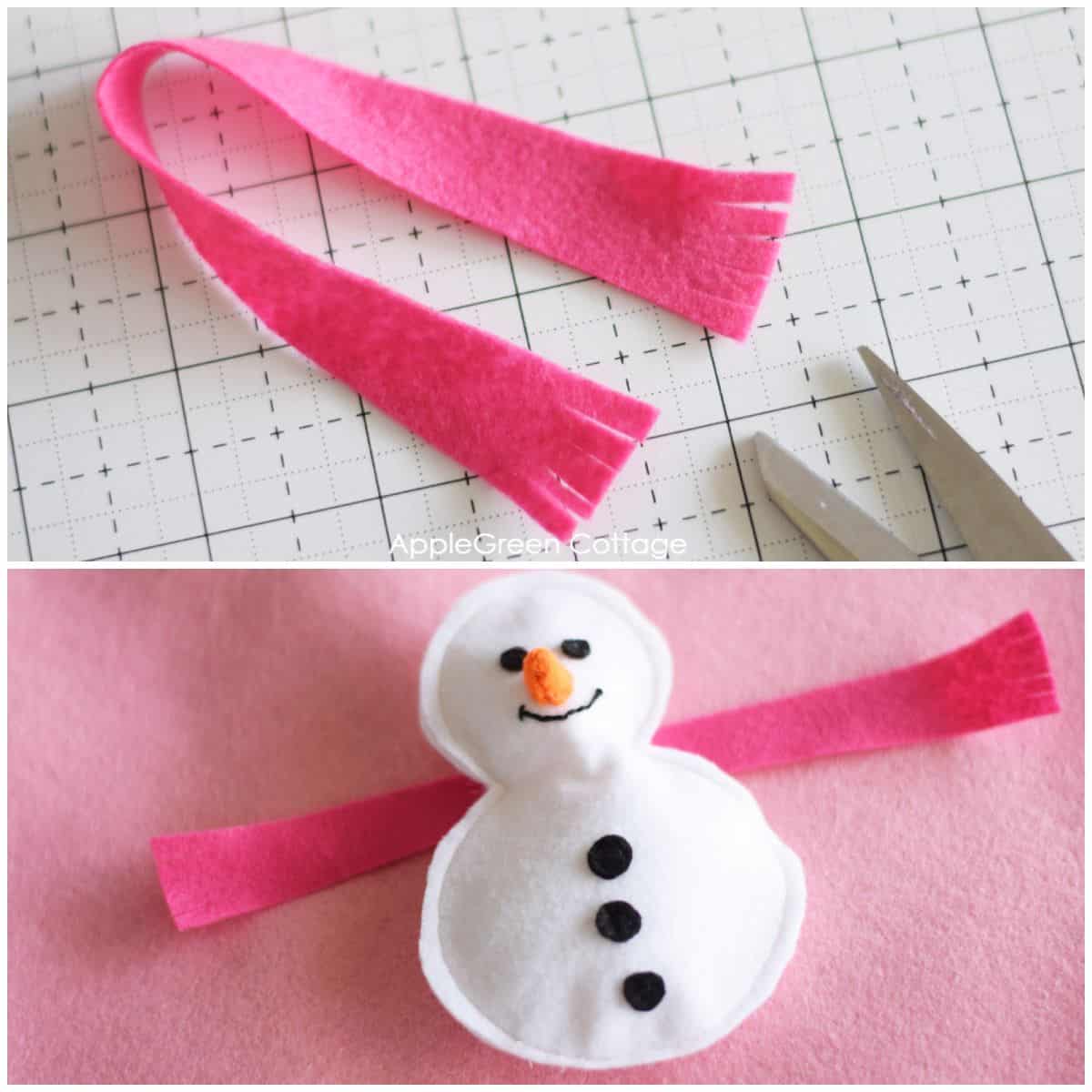 a mini pink scarf cut from felt with fringes next to an unfinished snowman christmas ornament 