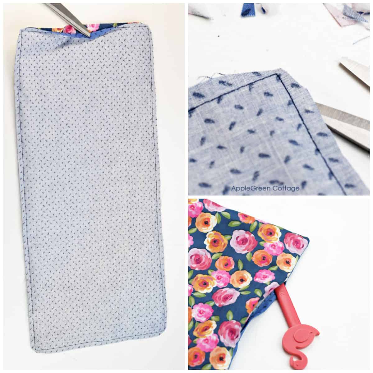 3 images showing the turning of fabric and cutting excess seam allowance