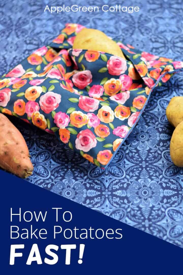 a finished fabric potato bag filled with raw potatoes to be baked