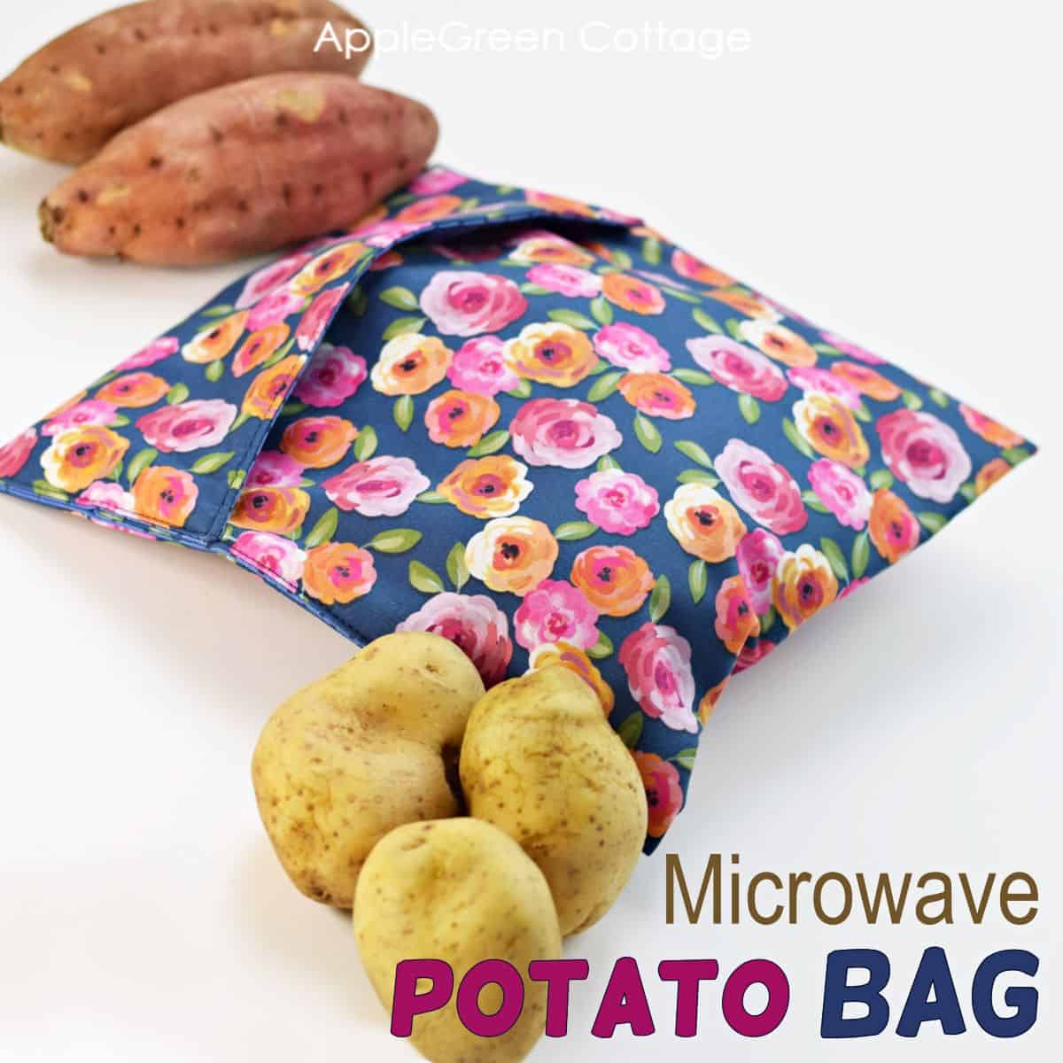 a finished fabric potato bag for the microvawe filled with potatoes to be cooked