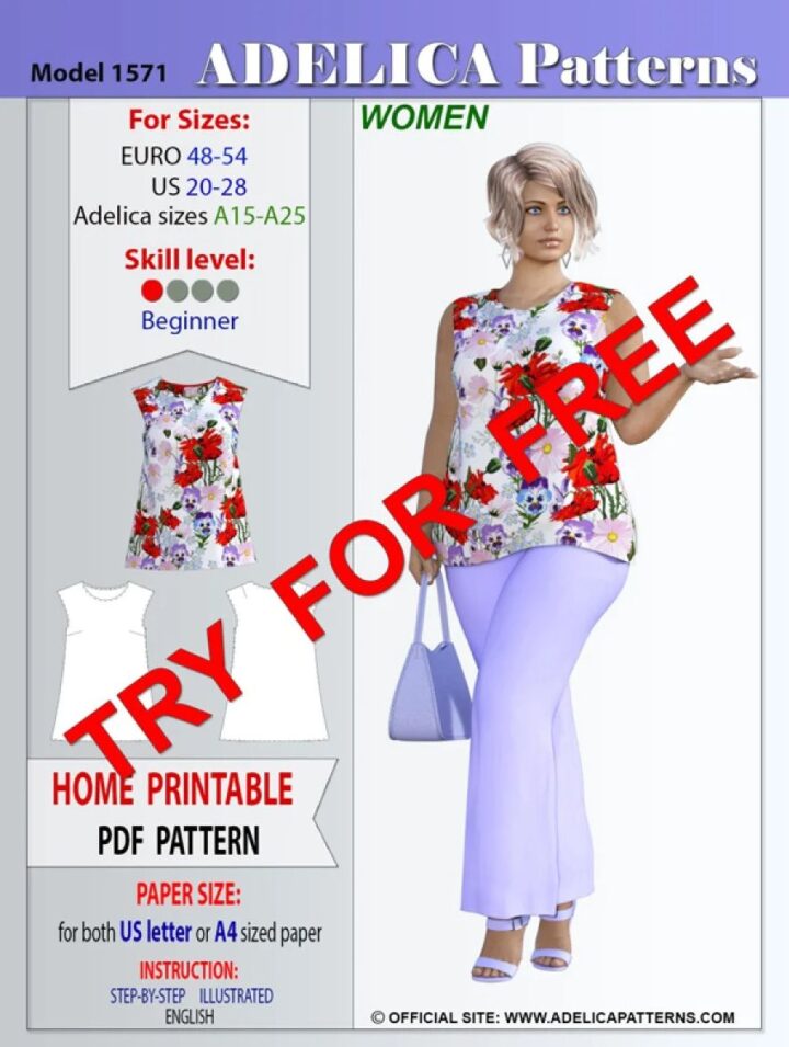 a woman wearing a large size floral print tunic sewn with a free tunic pattern.