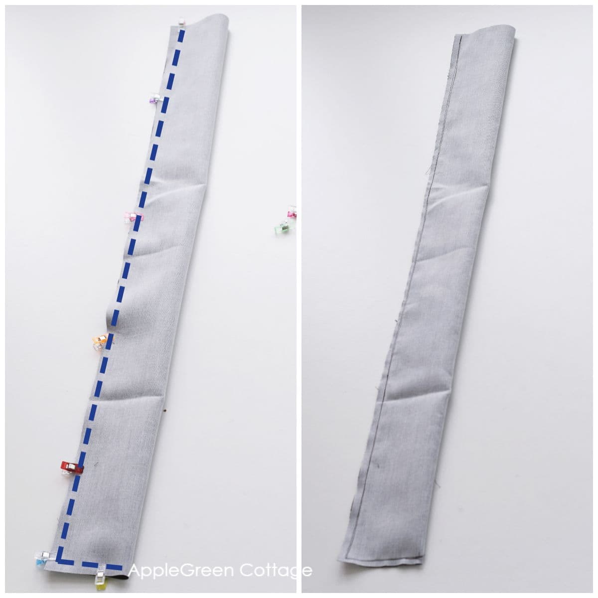 sewing line indicated on a folded piece of faux suede