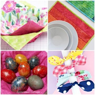 four easter sewing projects: a place mat, an easter basket, bunny hair ties and a fabric tray with dyed easter eggs