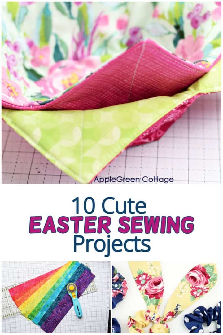 three bright colored sewing projects: a place mat, an easter basket, and a fabric tray with dyed easter eggs