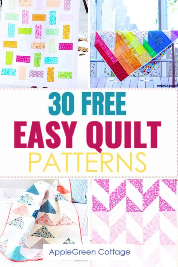four finished quilts in brigth colors and eas quilt blocks in pink, yellow, blue, white, finished with straight-line quilting