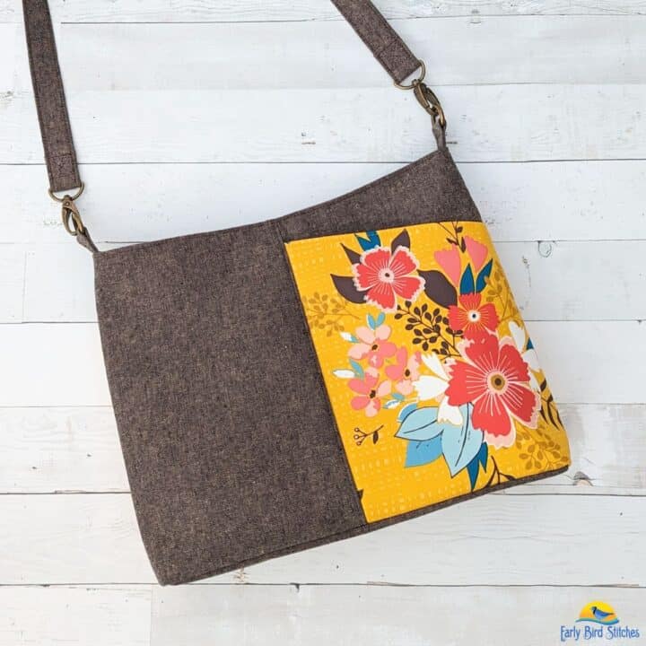 a handmade shoulder bag sewn with brown and mustard fabric