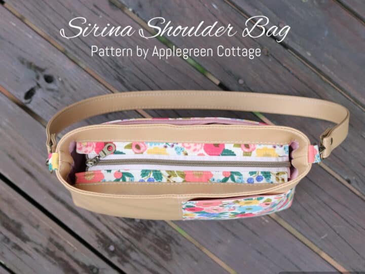 top side of a finished handbag, showing an inset zipper panel
