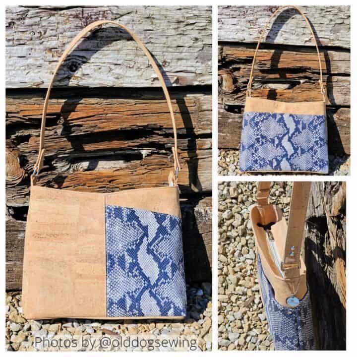 a handmade bag with a front exterior pocket, sewn with with cork and embossed leather, with a rustic background