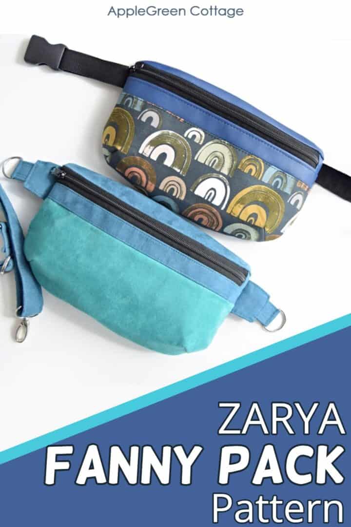 two finished fanny pack bags sewn with blue and teal faux leather, cotton, and vinyl
