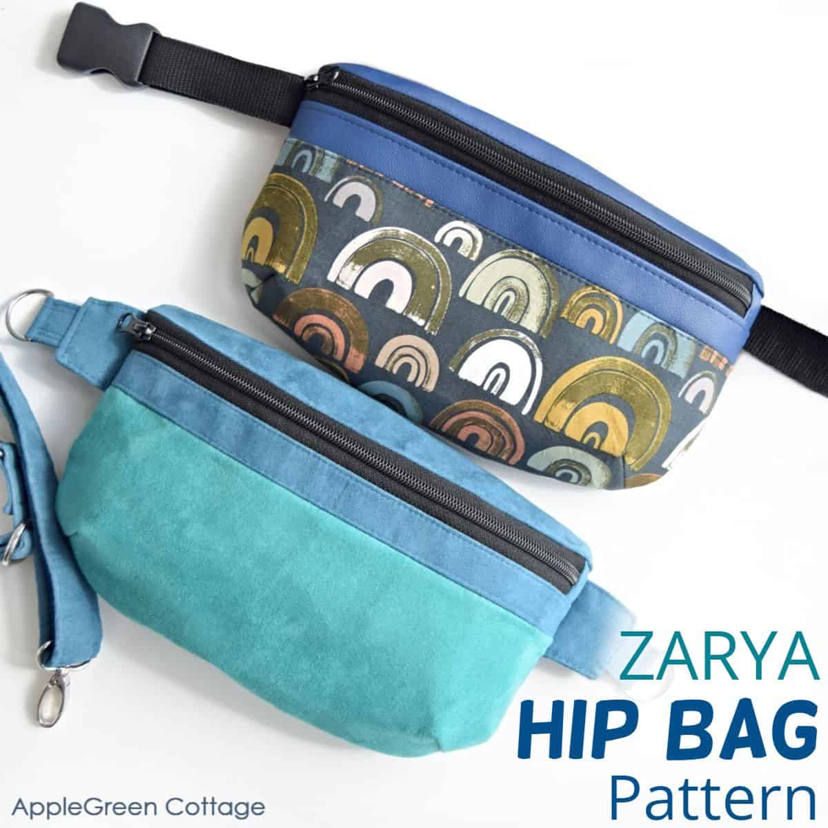 two finished fanny packs sewn with blue and teal faux lether, cotton, and vinyl