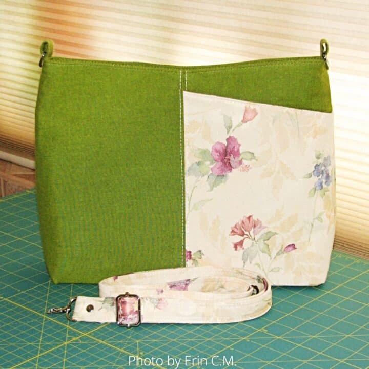 a finished handmade Sirina shoulder bag in applegreen decor-weight fabric and a floral print, with a shoulder strap in green