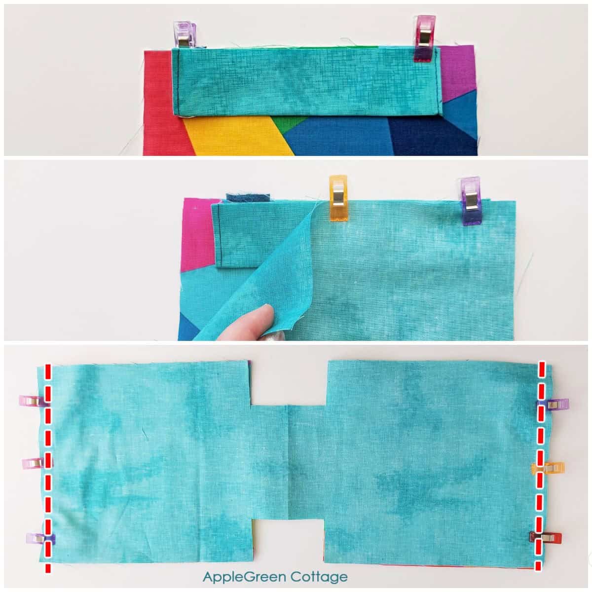 pieces of a bag showing how to asemble the top casing for the drawstring