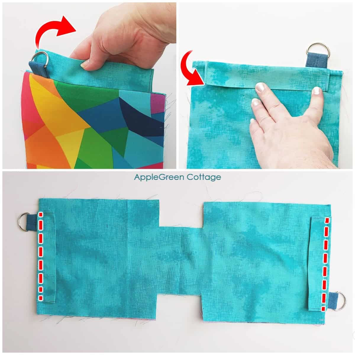 pieces of a bag showing how to asemble the top casing for the drawstring