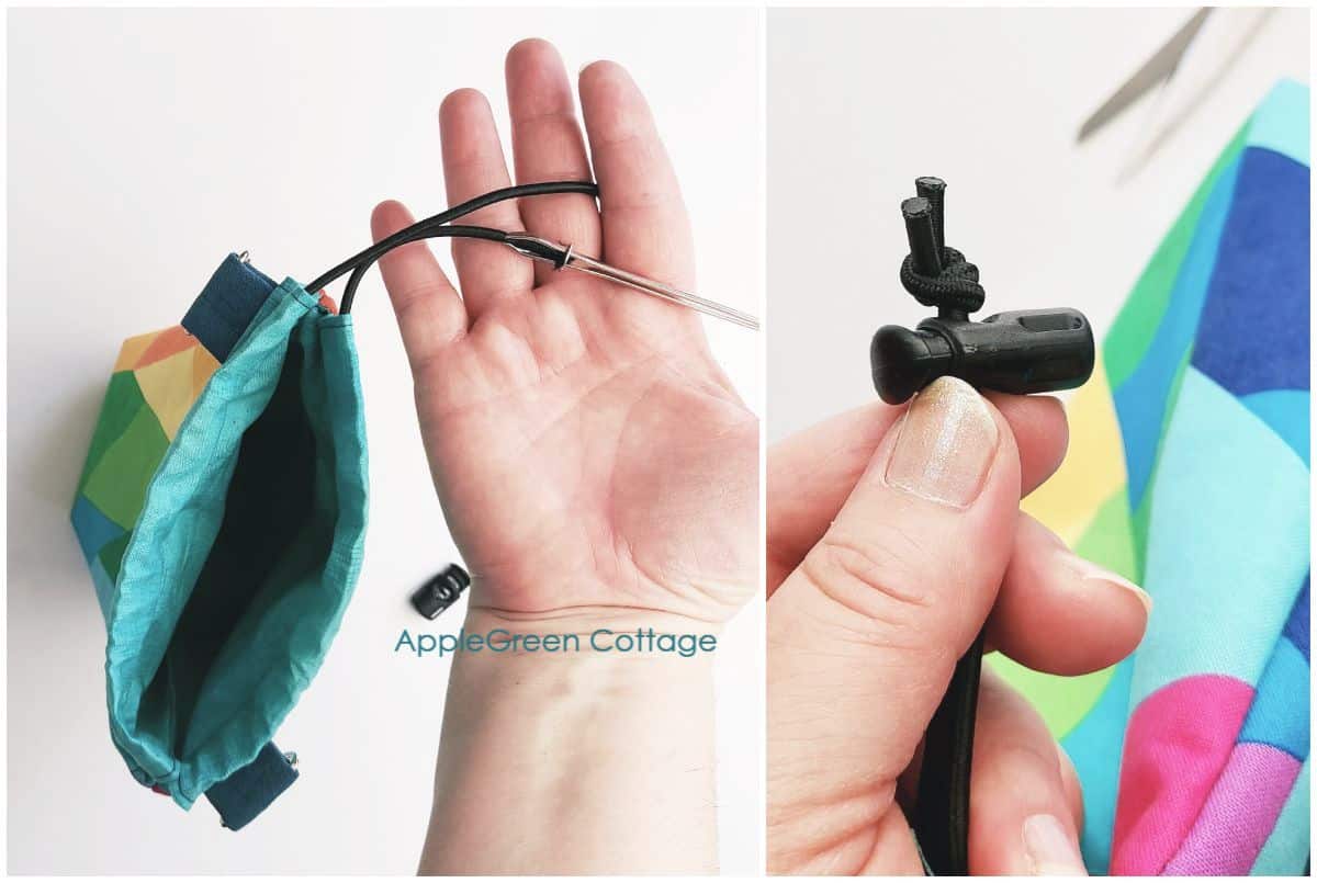 a hand holding a bodkin and a round strap elastic guided into a casing of a semi-finished water holder bag