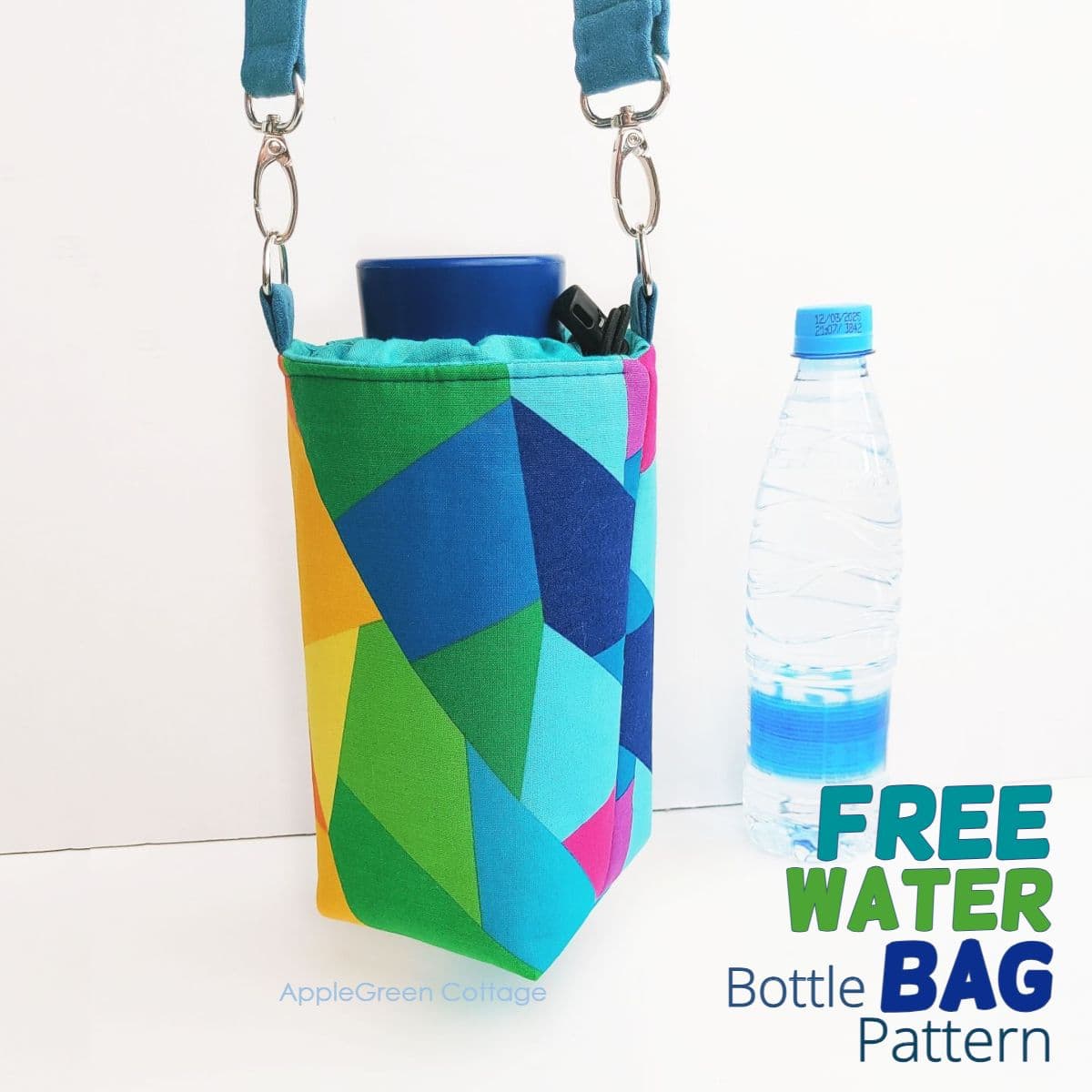 finished water bottle holder in bright cotton print with top closure and a crossbody strap