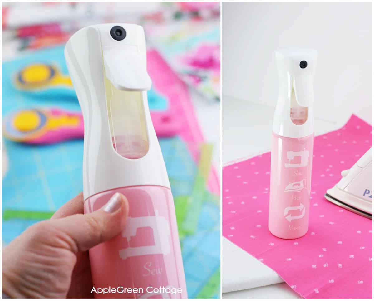 a misting spray bottle in pastel pink to lightly mist the fabric before pressing