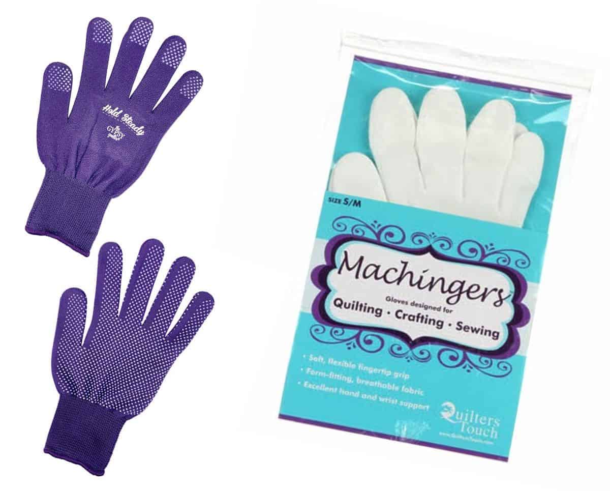 purple quilting gloves next to the white machingers quilting gloves in package