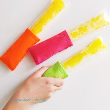 a child hand holding a homemade ice pop in a diy freeze pop holder made out of green felt