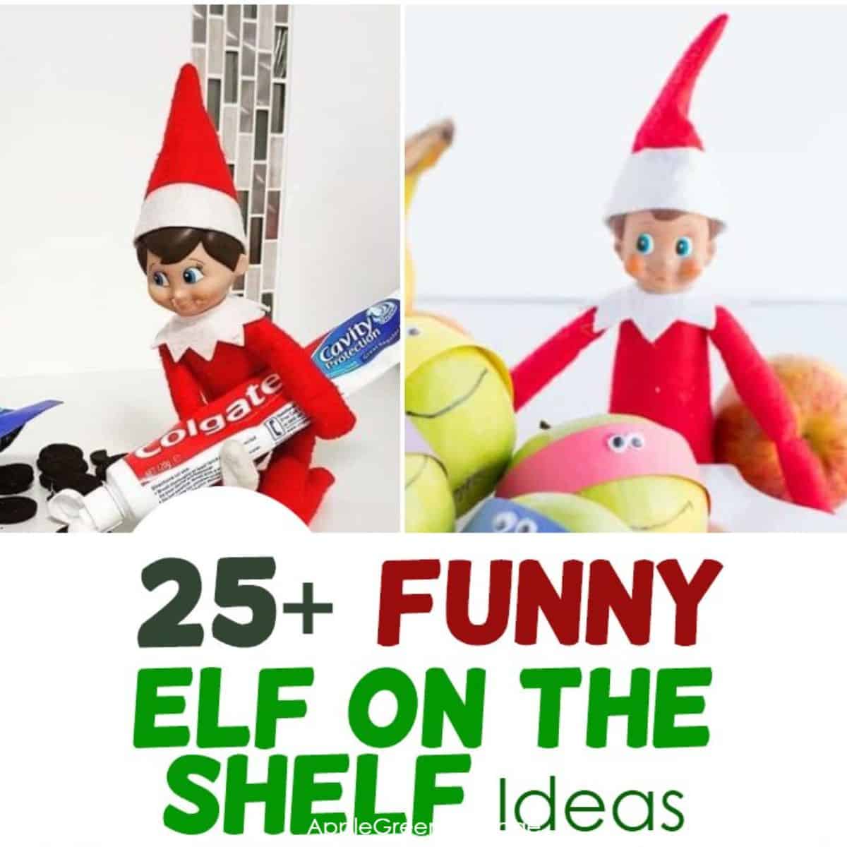 two elves on the shelf conducting placed next to a toothpaste and a bunch of fruit pieces