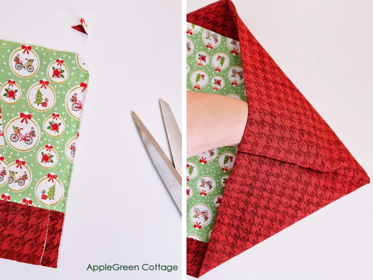 a hand pulling the fabric to the other side of a table runner to form a pointed end