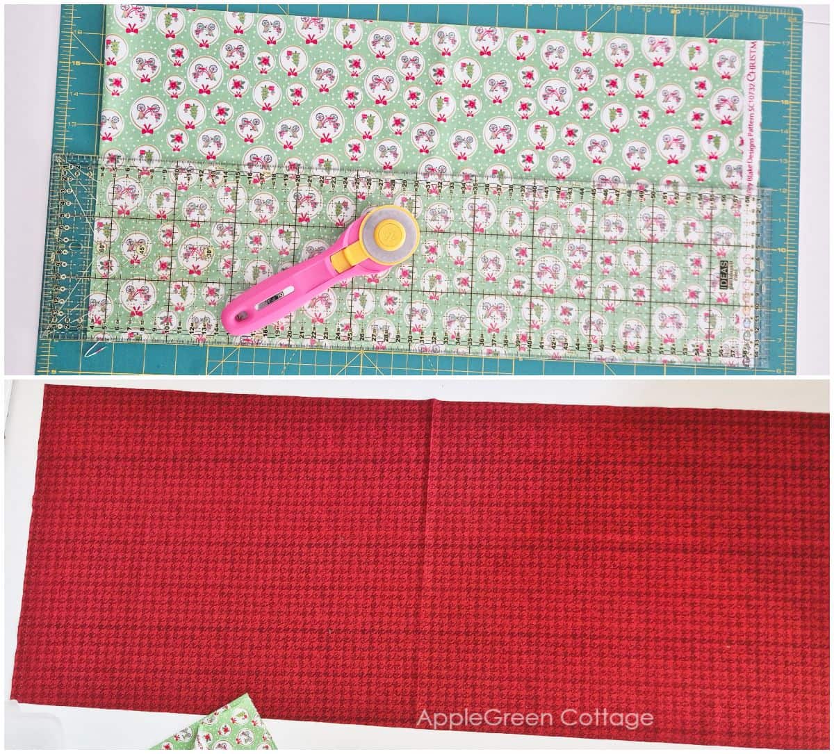 two pieces of quilting cotton on the cutting table, next to a cutting mat and a pink rotary cutter