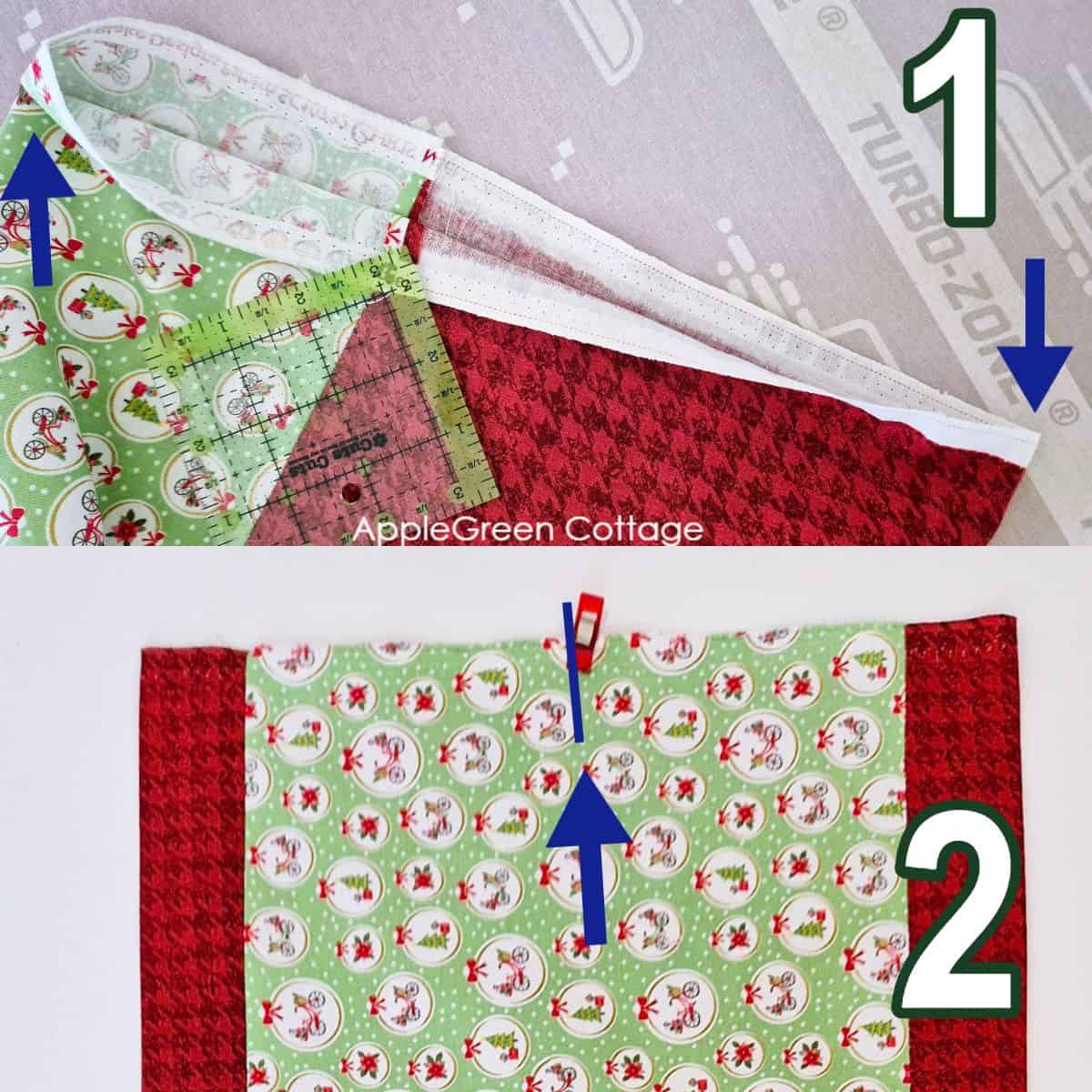 semi-finished table runner end with two arrows pointing at the seams