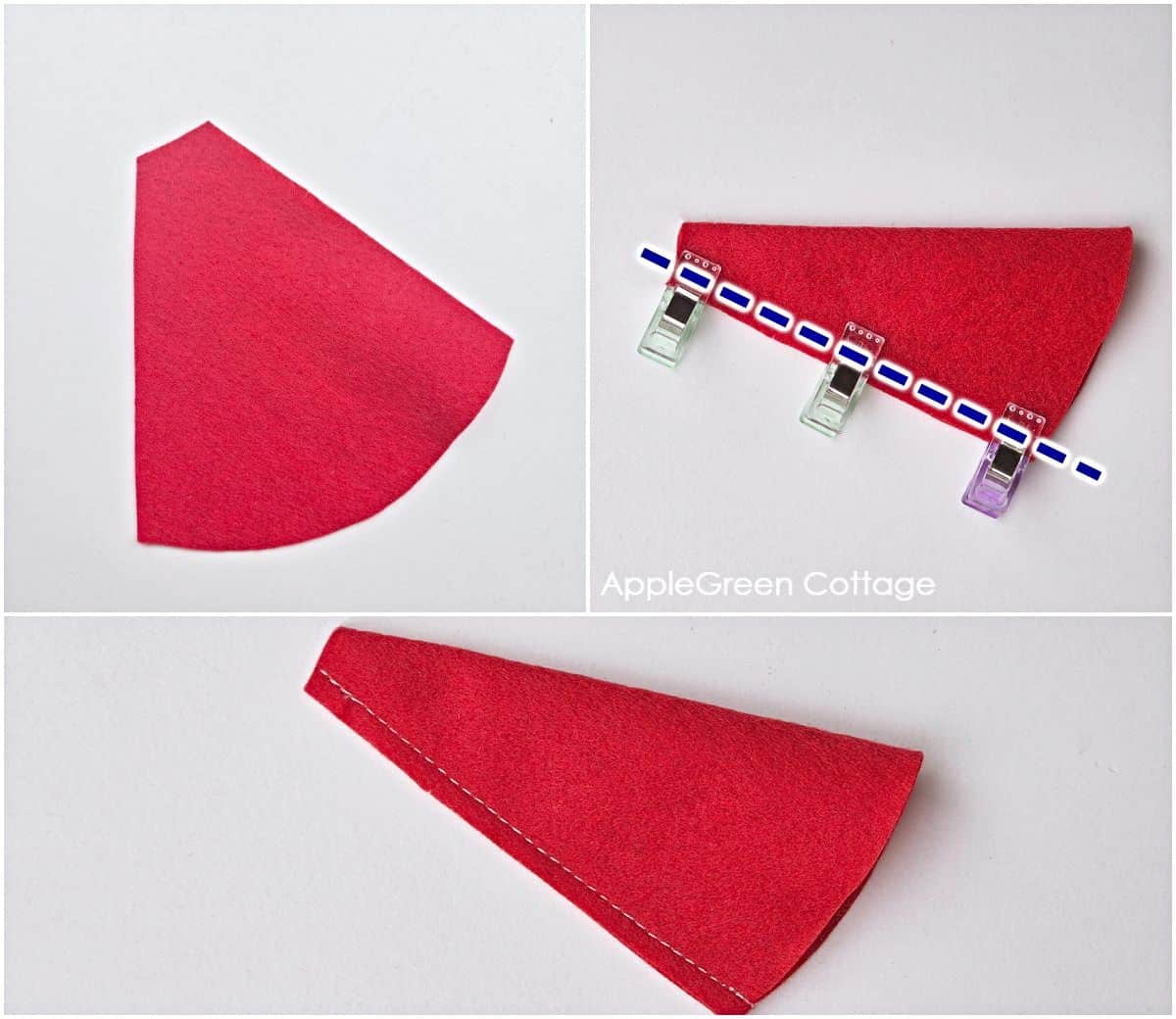 a piece of red felt cut in the shape of a gnome hat for a holiday ornament, with sewing markings