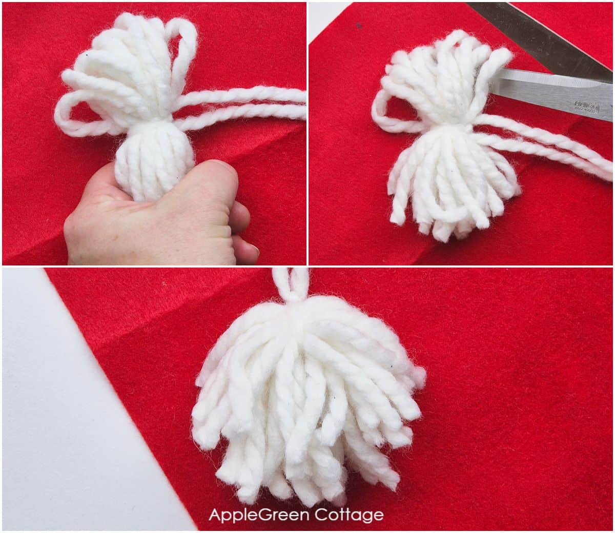 a bulk of thick chunky off-white yarn bundle, tied off in teh middle and scissors cutting the ends to create a pom pom