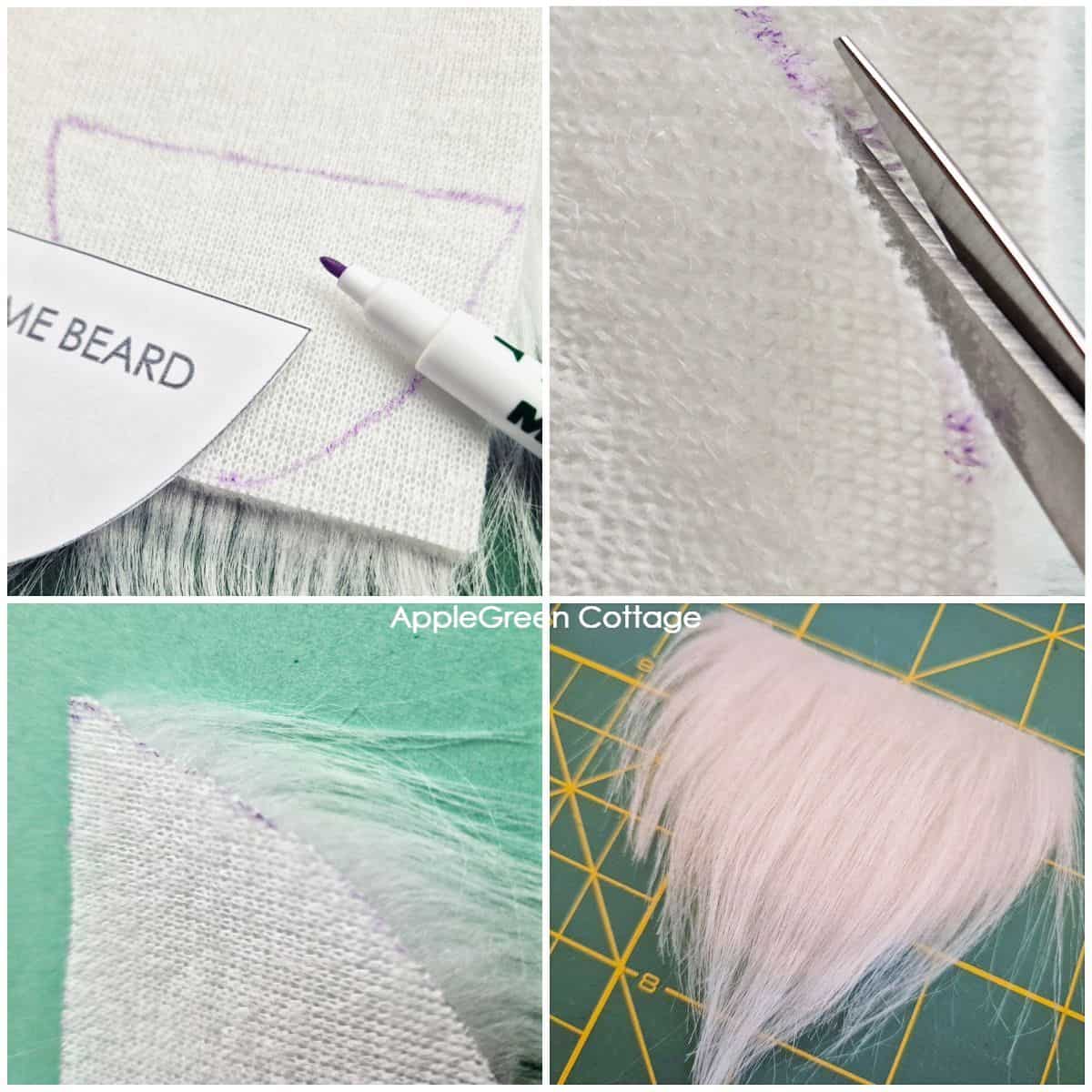 a piece of white long-pile faux fur placed with the backing layer up and small scissors cutting into it shaping a small diy gnome beard