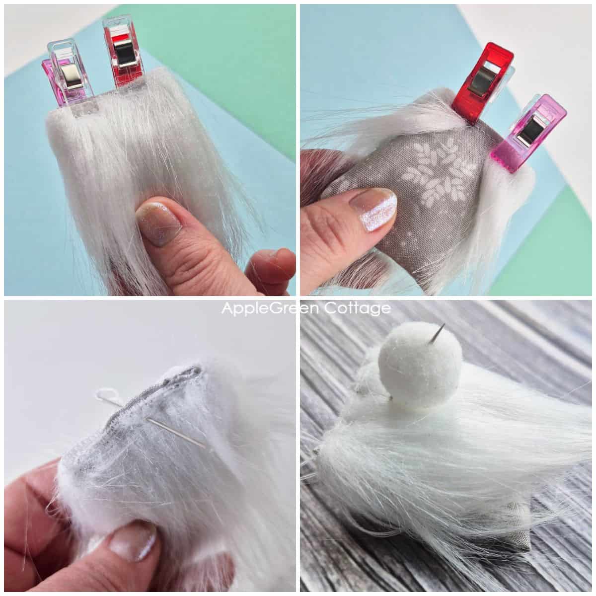 a hand attaching the faux fur beard to a diy fabric gnome body in neutral fabric