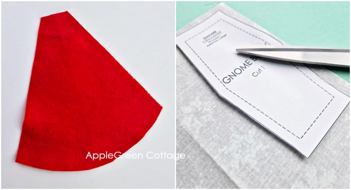 a piece of red felt cut into a cone shape and a rectangular piece of fabric
