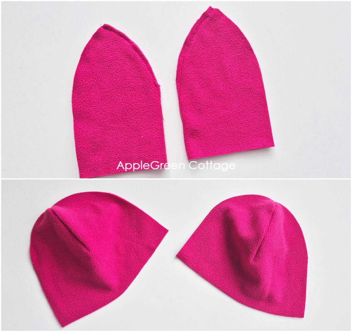 a semi-finished  pink fleece hat with the top seams completed