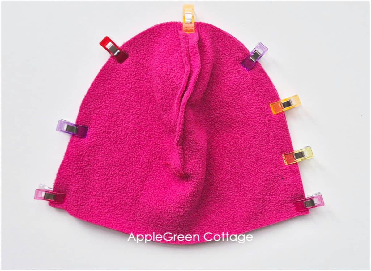 two pieces of fleece clipped together using sewing clips