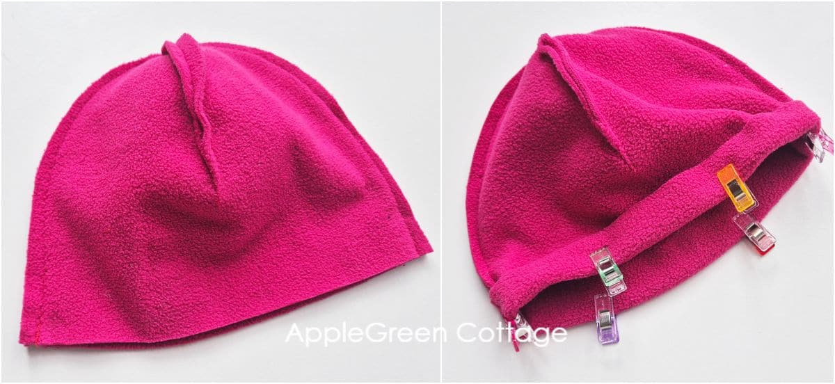 a pink beanie with a folded edge ready to be hemmed