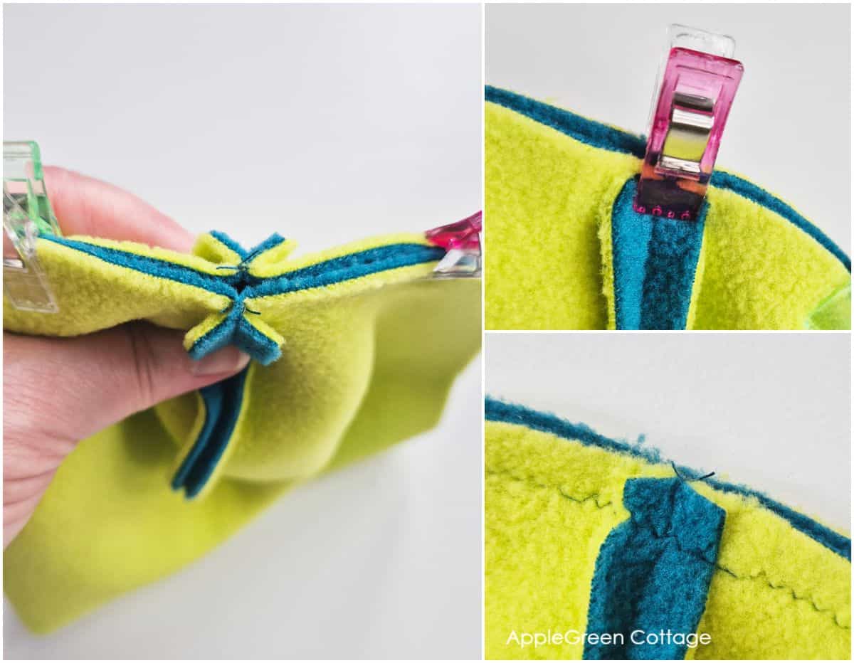 the top seam on a fleece hat showing how to open the seams to reduce bulk