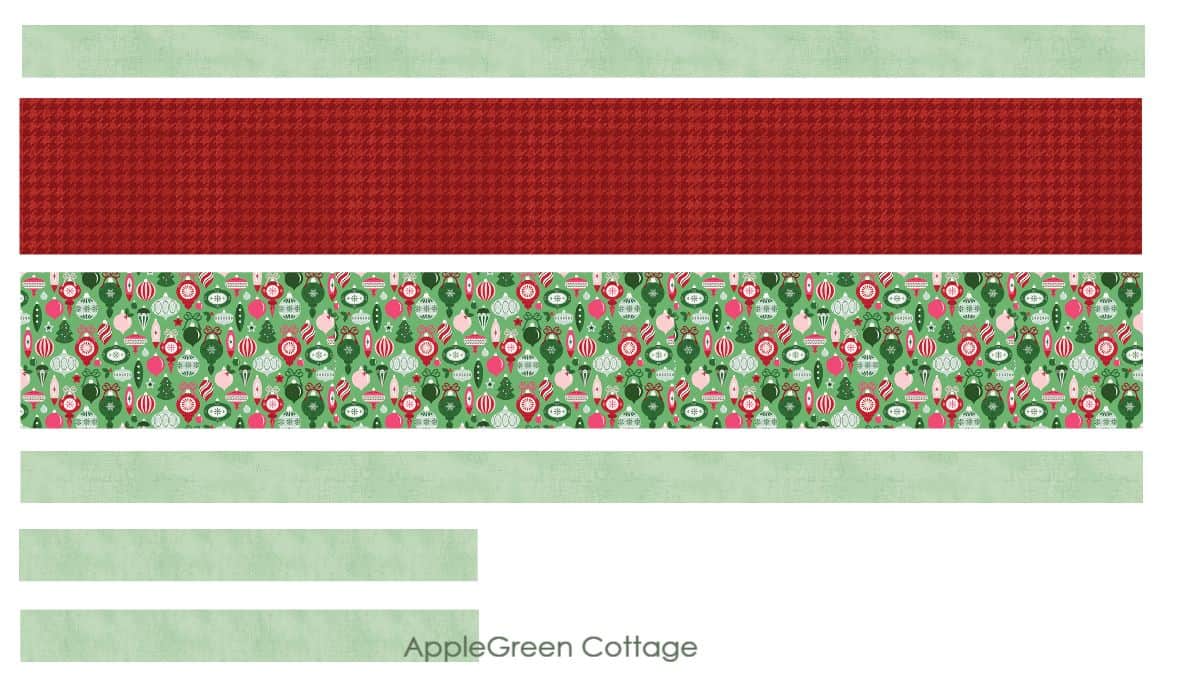 stripes of holiday prints of quilting cotton for a holiday-themed table runner