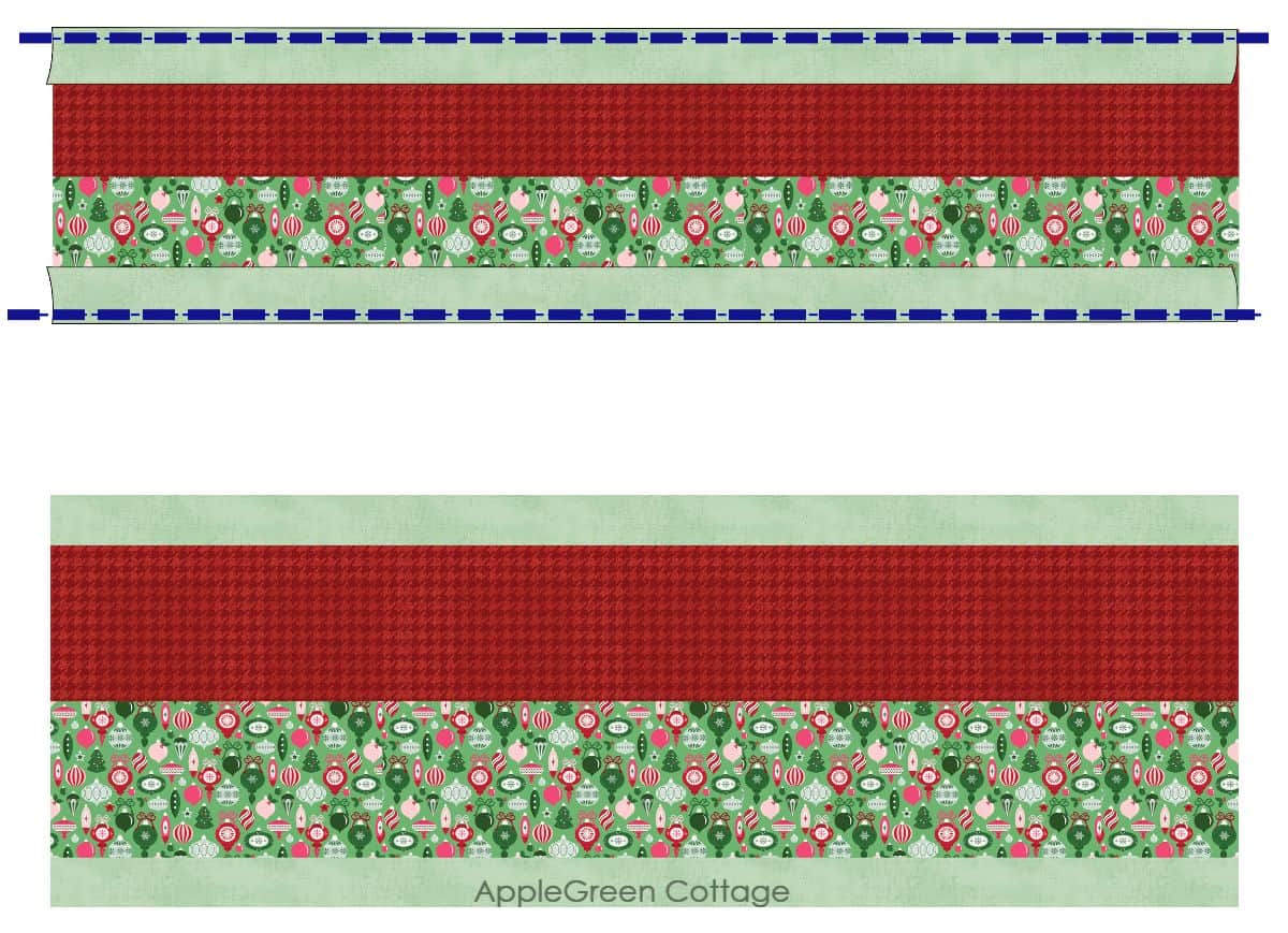 strip-pieced quilt block in vibrant reds and green holiday prints