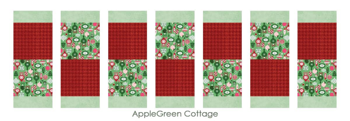 quilt blocks for piecing a table runner quilt, featuring vibrant reds and green holiday prints