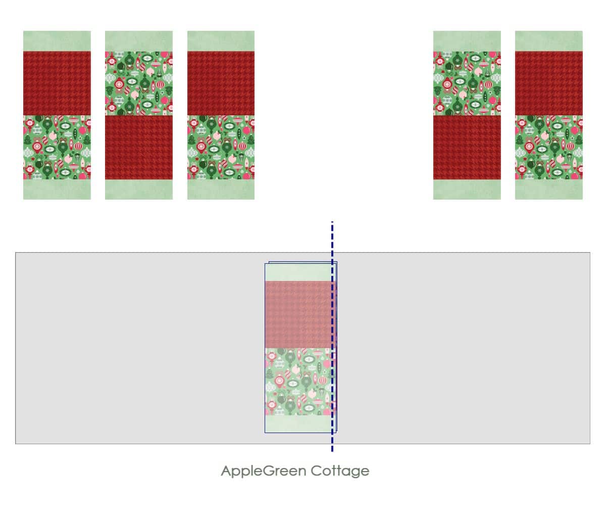 quilt blocks for piecing a table runner quilt, featuring vibrant reds and green holiday prints